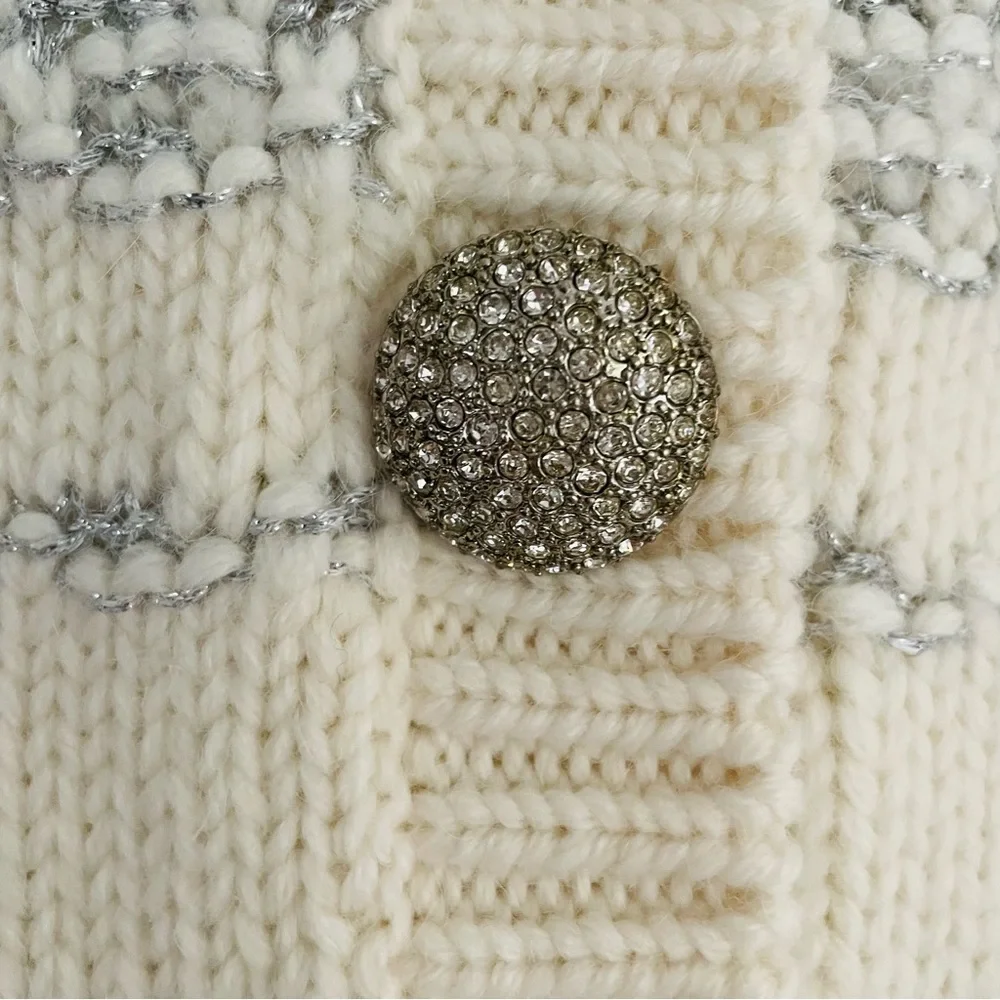KATE SPADE NWOT Jewel Button Textured Cardigan in Cream Metallic Silver Print